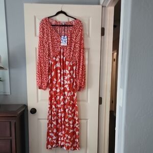 Diane Von Furstenberg Red and White Patterned Long Sleeve Dress